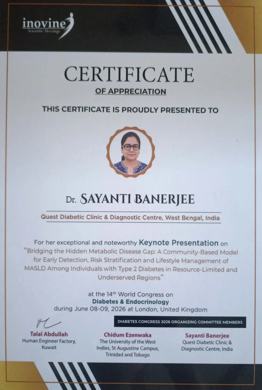 14th World Congress on Diabetes & Endocrinology Keynote Certificate